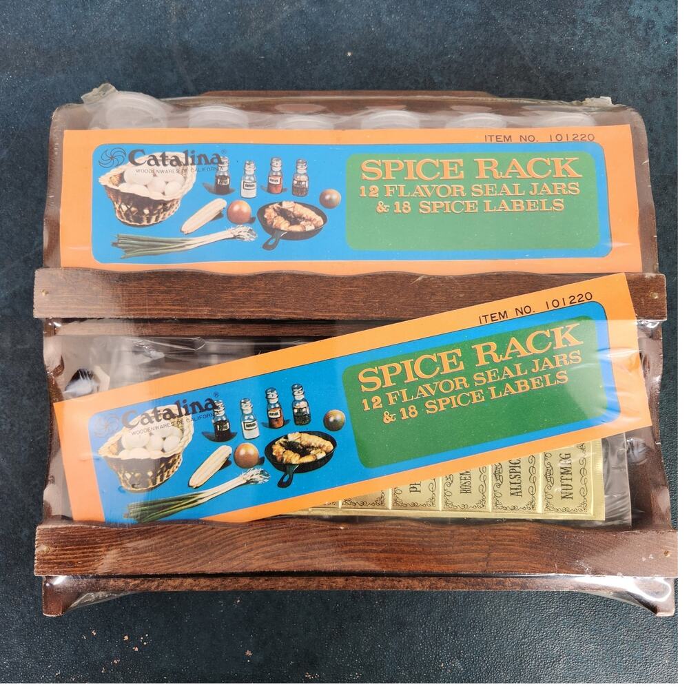 VTG Catalina Wooden Spice Rack w/ Spice Jars and Lable Stickers Sealed Farmhouse